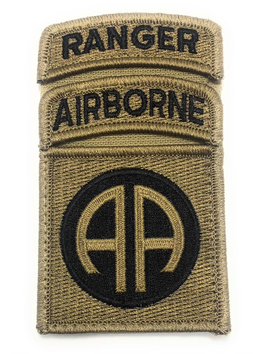 82nd Airborne OCP Patch with Airborne Tab and Ranger Tab Sewn Together with Space with Hook Fastener (each)